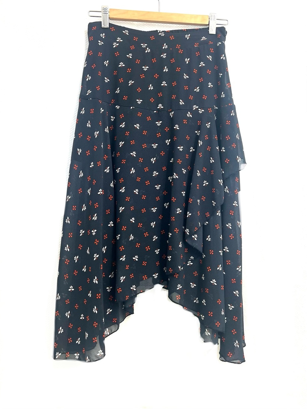 H&M Navy Floral High-Low Ruffle Skirt with Red & White Accents